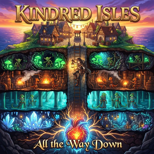 All the Way Down album cover: a cutaway of the island, from the village down through four glowing underground layers