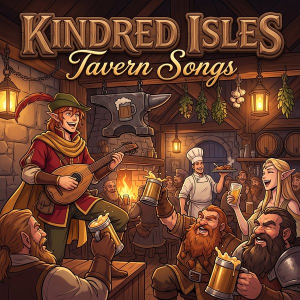 Tavern Songs album cover: Ash the bard plays in a packed tavern under an anvil sign