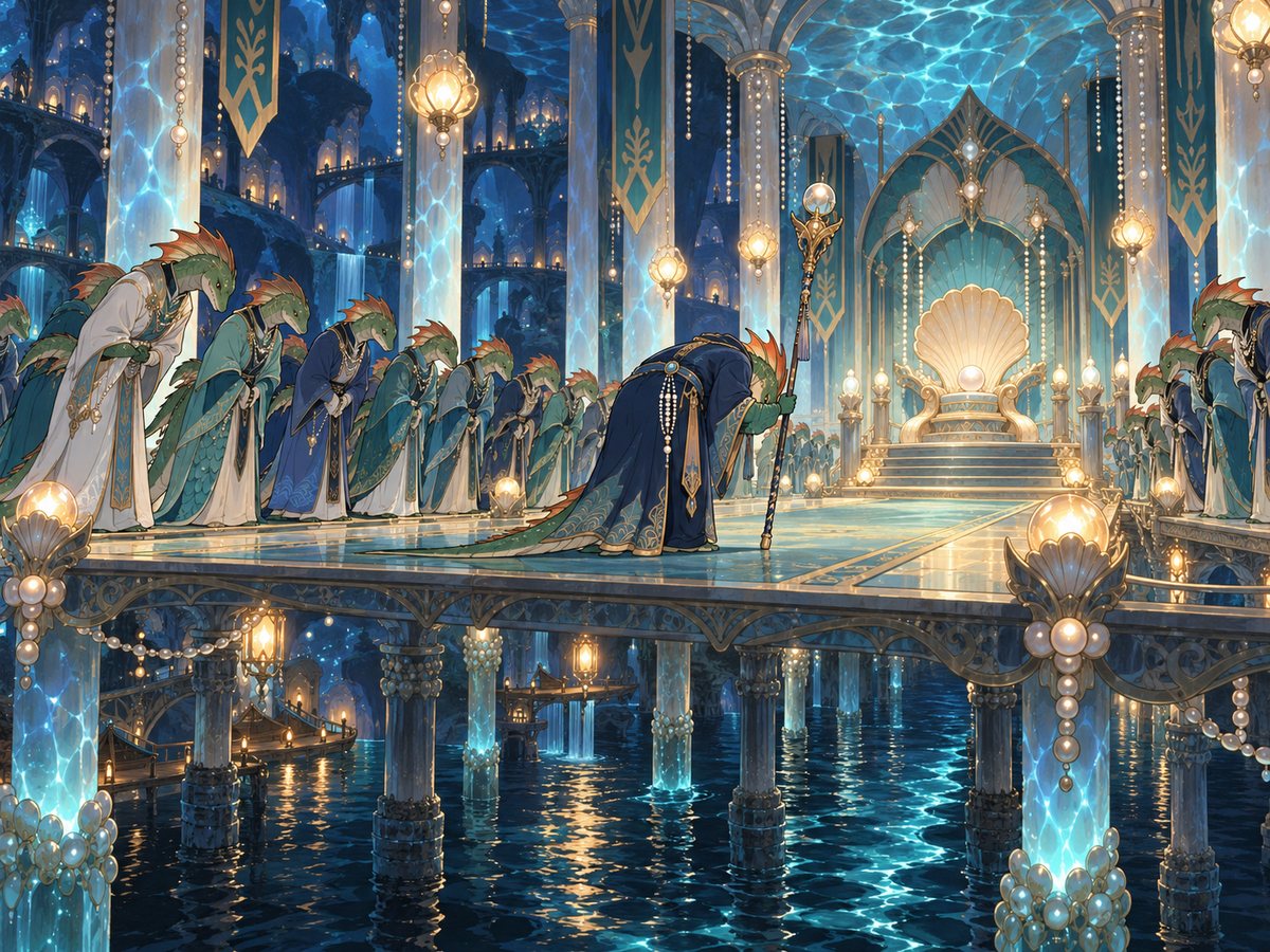 Rows of robed lizardfolk bow toward an empty shell throne in a pearl-lit hall on stilts over a dark river