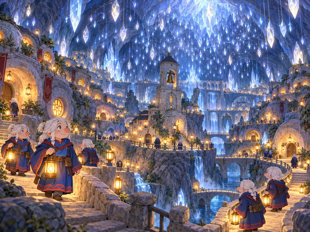 Tiny white-haired deep gnomes carry lanterns through a city of round houses under a dome of glowing hanging crystals