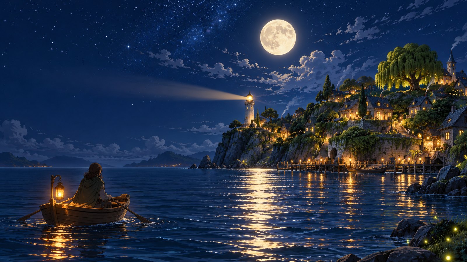 A traveller in a lantern-lit boat drifts at night toward an island village with a lighthouse and a great willow under a full moon